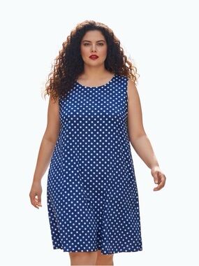 Nina Leonard Blue White Polka Dot Sleeveless Midi Dress Size 3X
